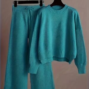 Cozy Teal Knit Sweater and Pants Set